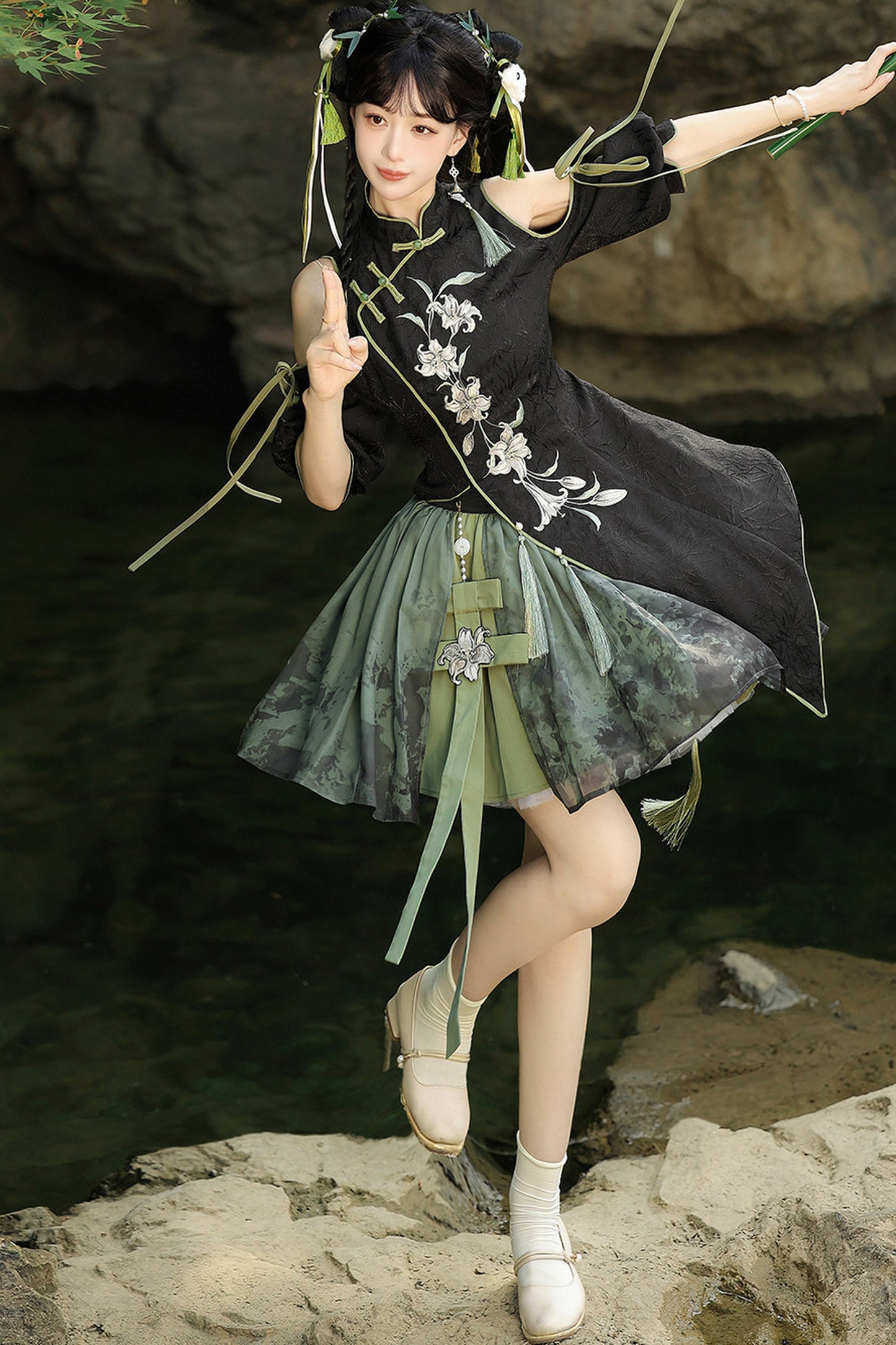 Floral Gothic Asymmetric Cheongsam Dress + Skirt
