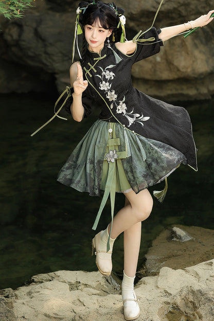 Floral Gothic Asymmetric Cheongsam Dress + Skirt