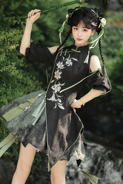 Floral Gothic Asymmetric Cheongsam Dress + Skirt