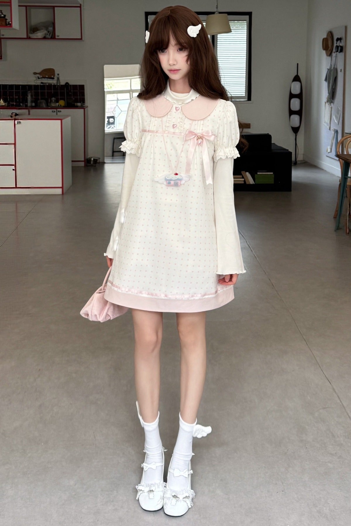 Polka Dot Doll Collar Puff Sleeve Dress