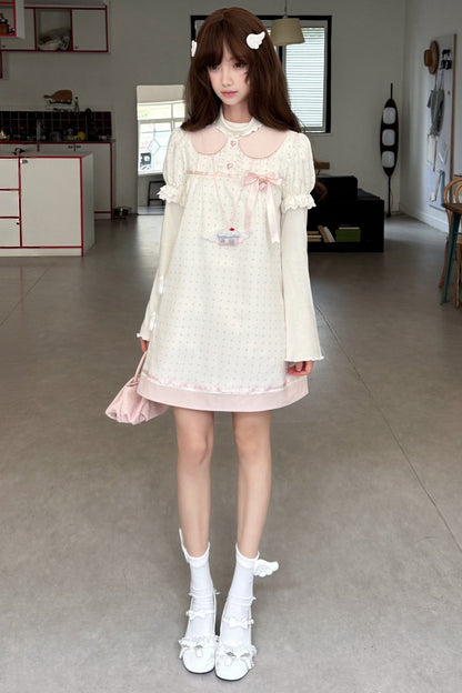 Polka Dot Doll Collar Puff Sleeve Dress