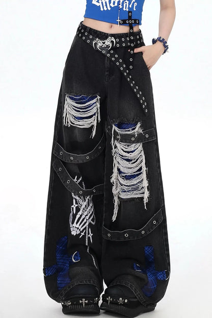 Punk Distressed Wide-Leg Jeans