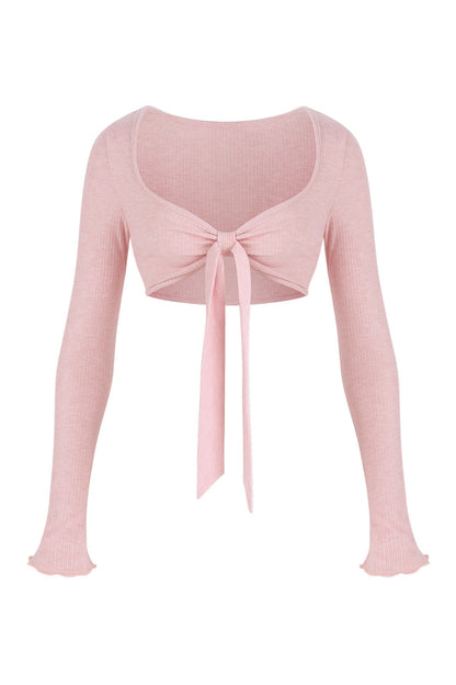 Ensemble 3 pièces : cardigan rose en maille, caraco fleuri et jupe