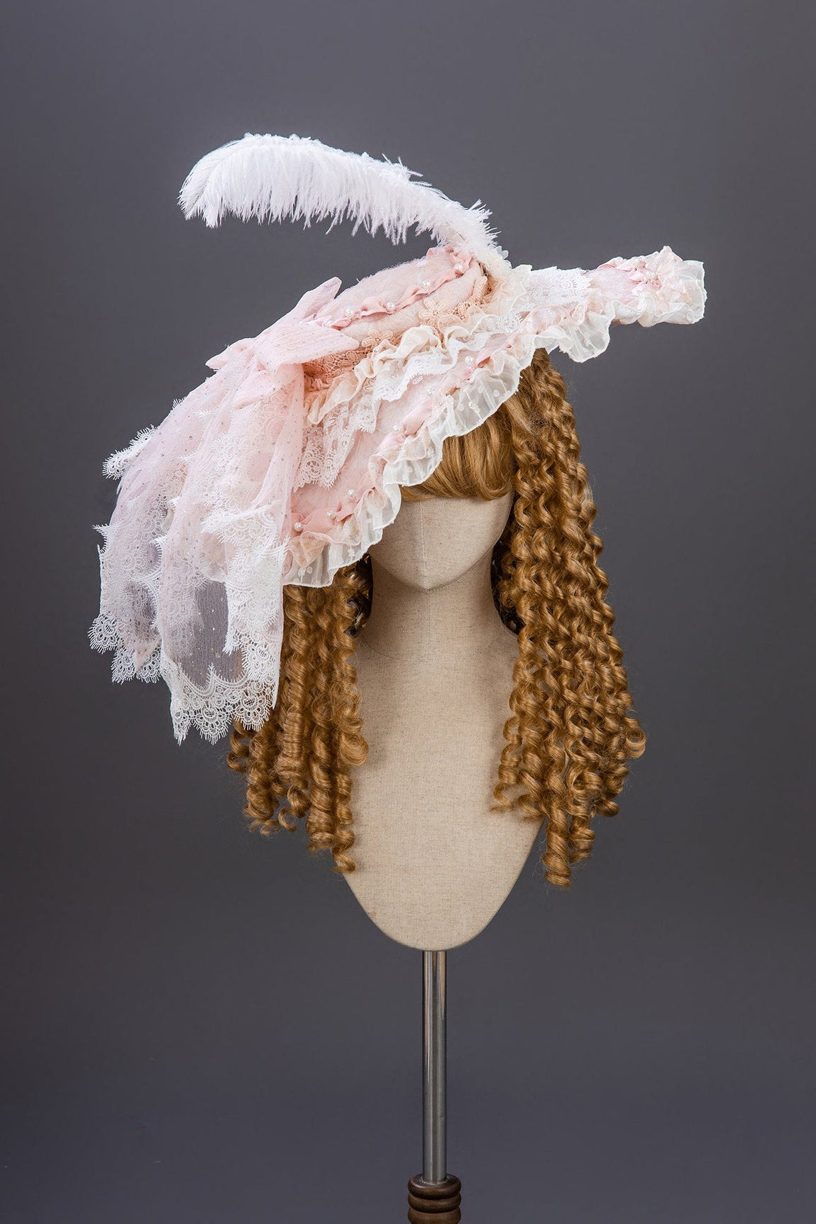 【9月10日予約締切】Pink/Blue Rococo Fantasy Puff Sleeve Ribbon Tiered Princess Lolita Dress Bridal＋Full set[Op Dress + Feather Hat + Choker + Back Ribbon Train + Lace Gloves]