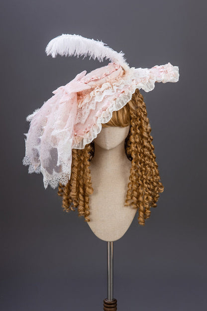 【9月10日予約締切】Pink/Blue Rococo Fantasy Puff Sleeve Ribbon Tiered Princess Lolita Dress Bridal＋Full set[Op Dress + Feather Hat + Choker + Back Ribbon Train + Lace Gloves]