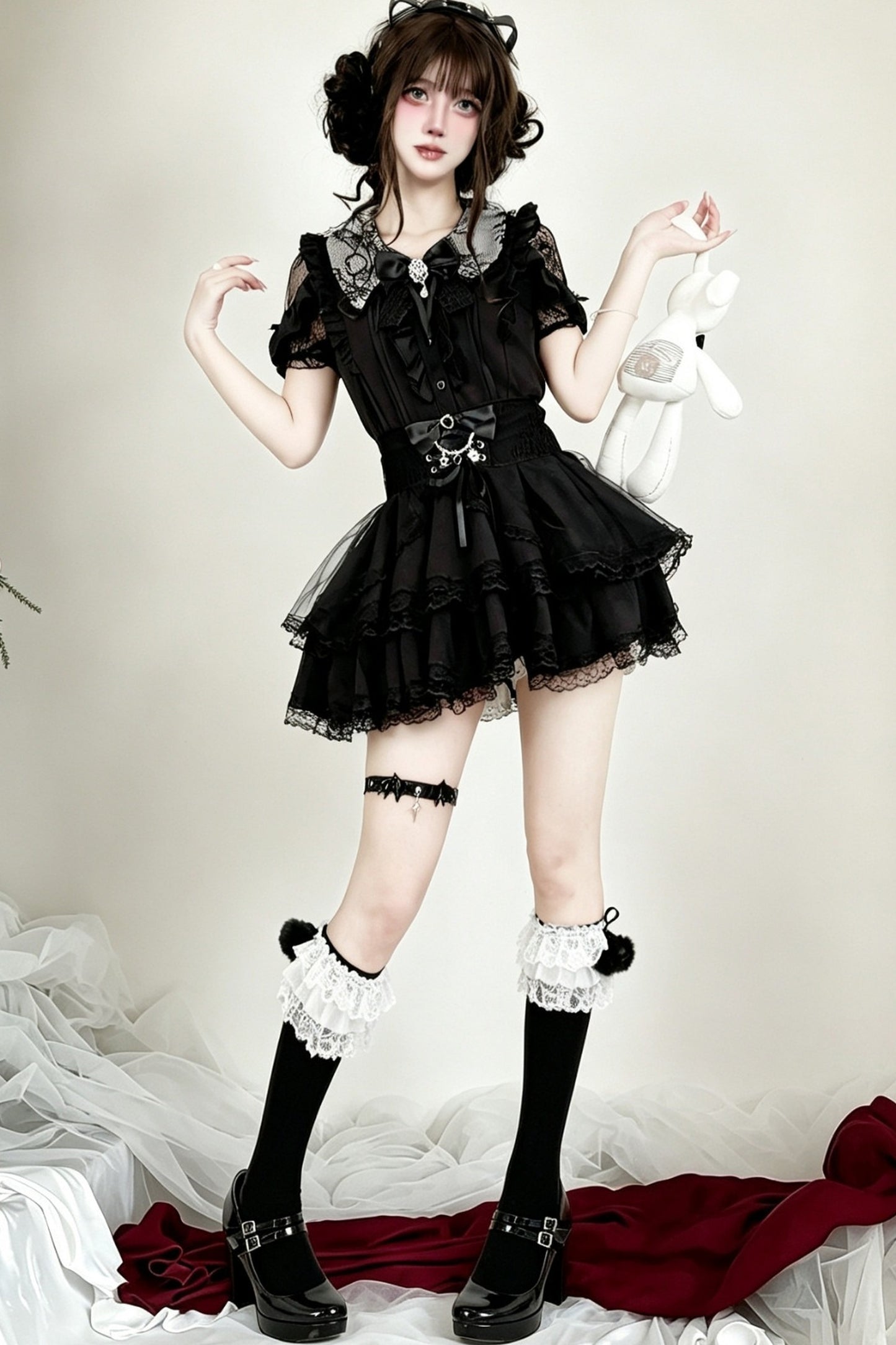 Dark  Lace Bow Skirt Set-Up