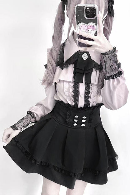 [Pre-order] Cold Shoulder Heart Buckle Long Sleeve Ruffle Lace Blouse with Bow Tie + Lace-Trim Pleated Mini Skirt Set