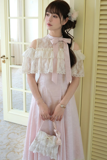 レースフリル清楚系ピンクロングワンピース