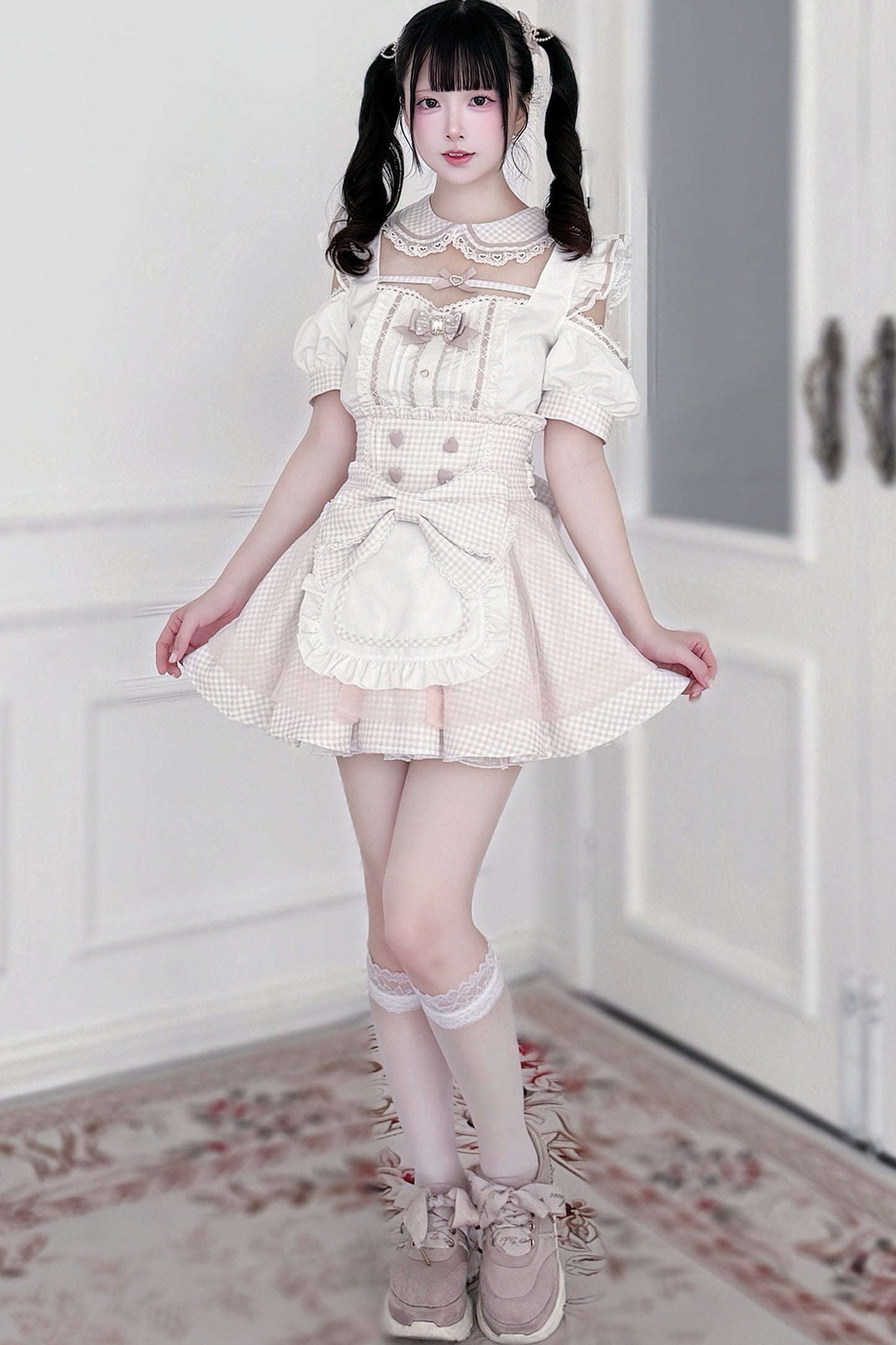 Ensemble haut à volants à carreaux style girly et minijupe à carreaux
