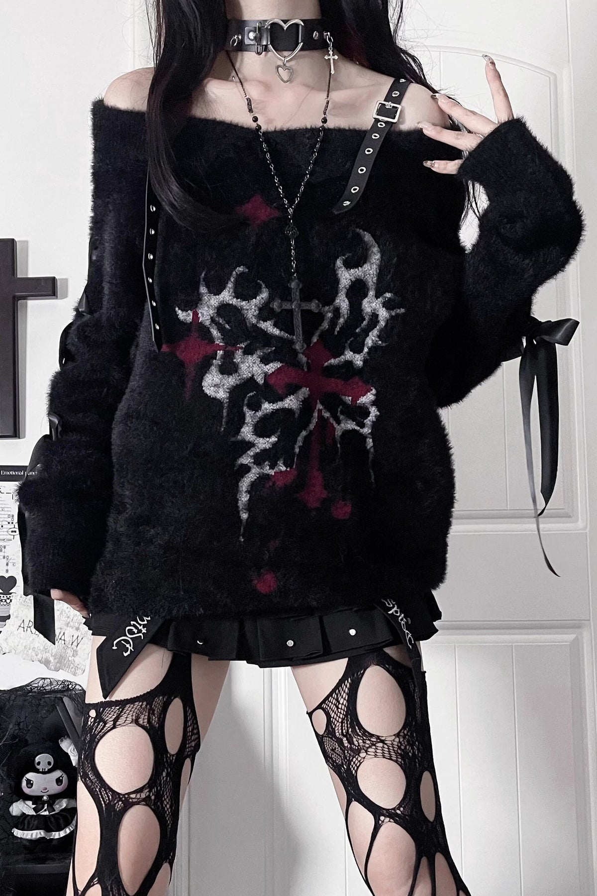 Leather Buckle Butterfly Print Off-Shoulder Sweater