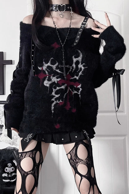Leather Buckle Butterfly Print Off-Shoulder Sweater