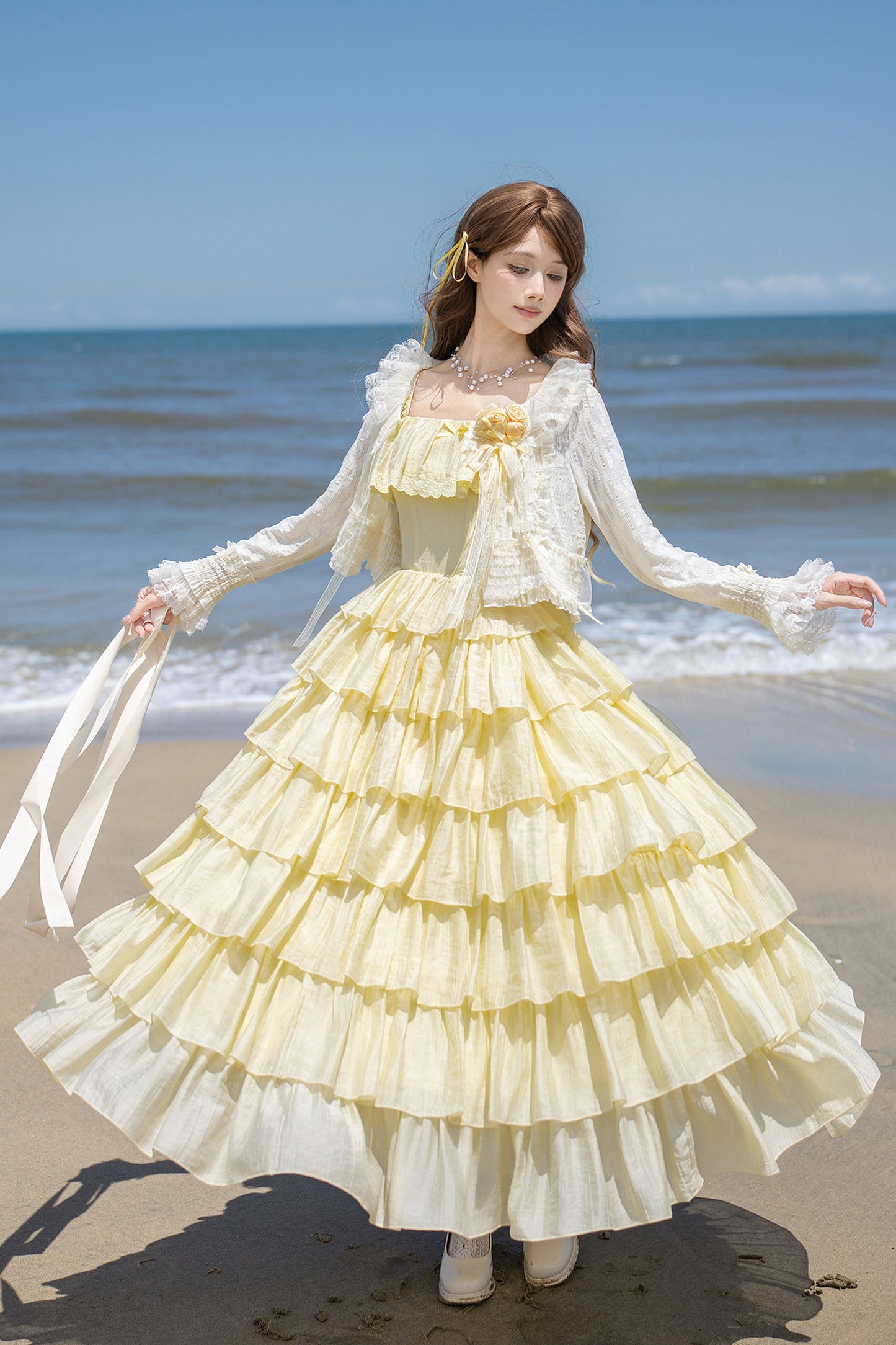 Seven-Layer Ruffle Square Neck Dress, Hair Accessory and Jacket Set-Up