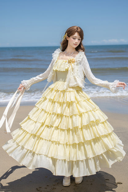 Seven-Layer Ruffle Square Neck Dress, Hair Accessory and Jacket Set-Up