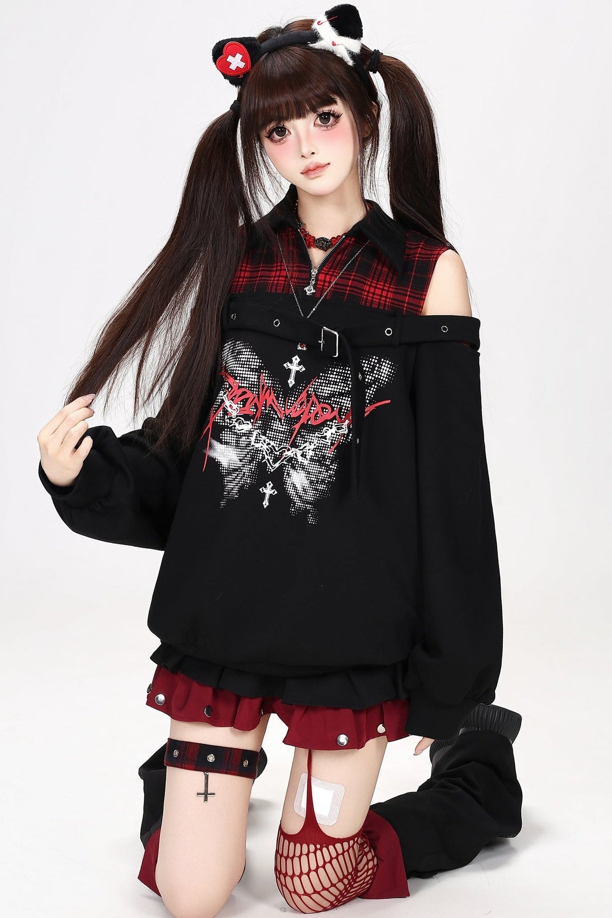 Plaid Butterfly Print Loose Sweatshirt