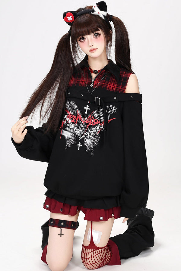 Plaid Butterfly Print Loose Sweatshirt