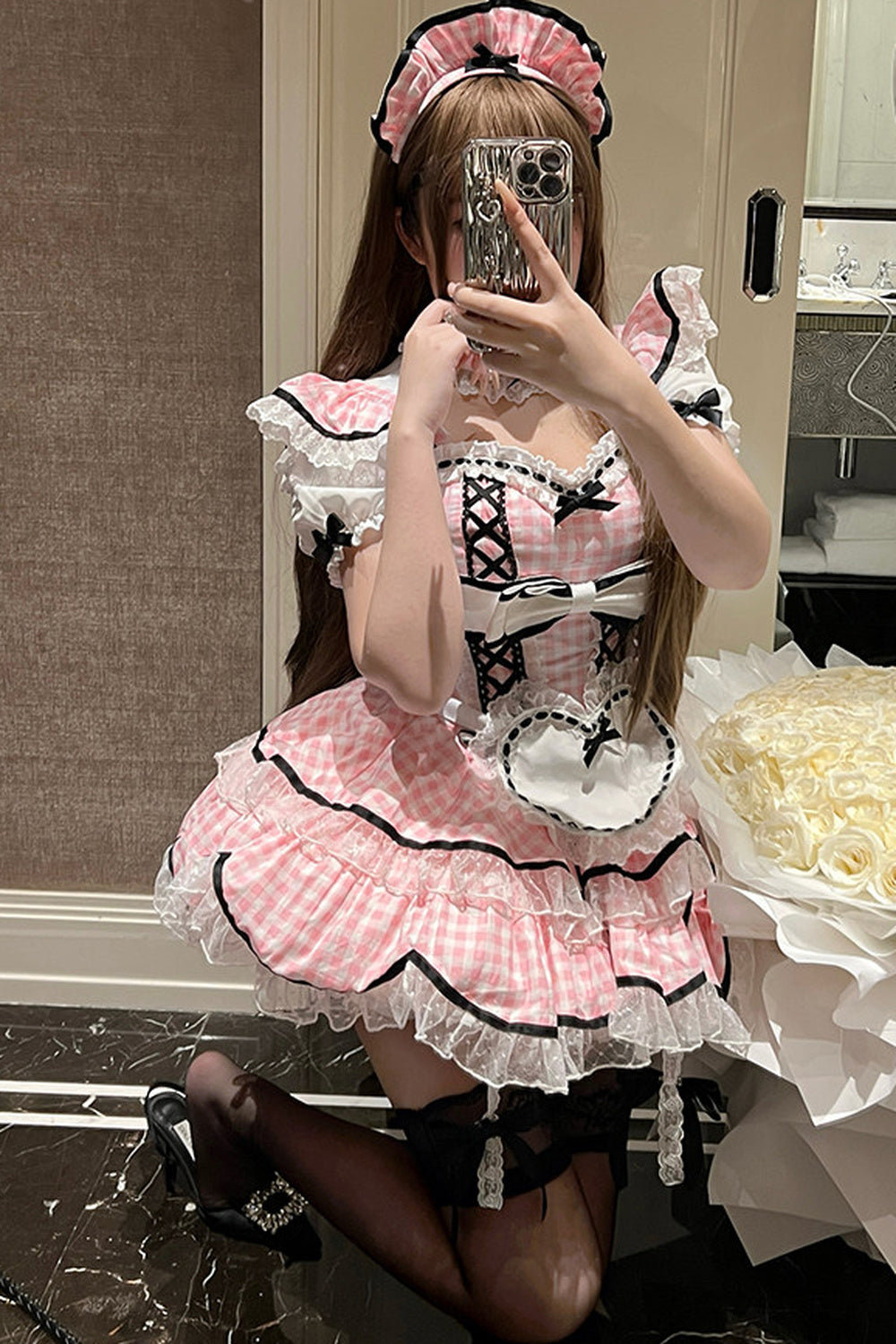 うさみみピンクギンガムメイドドレス