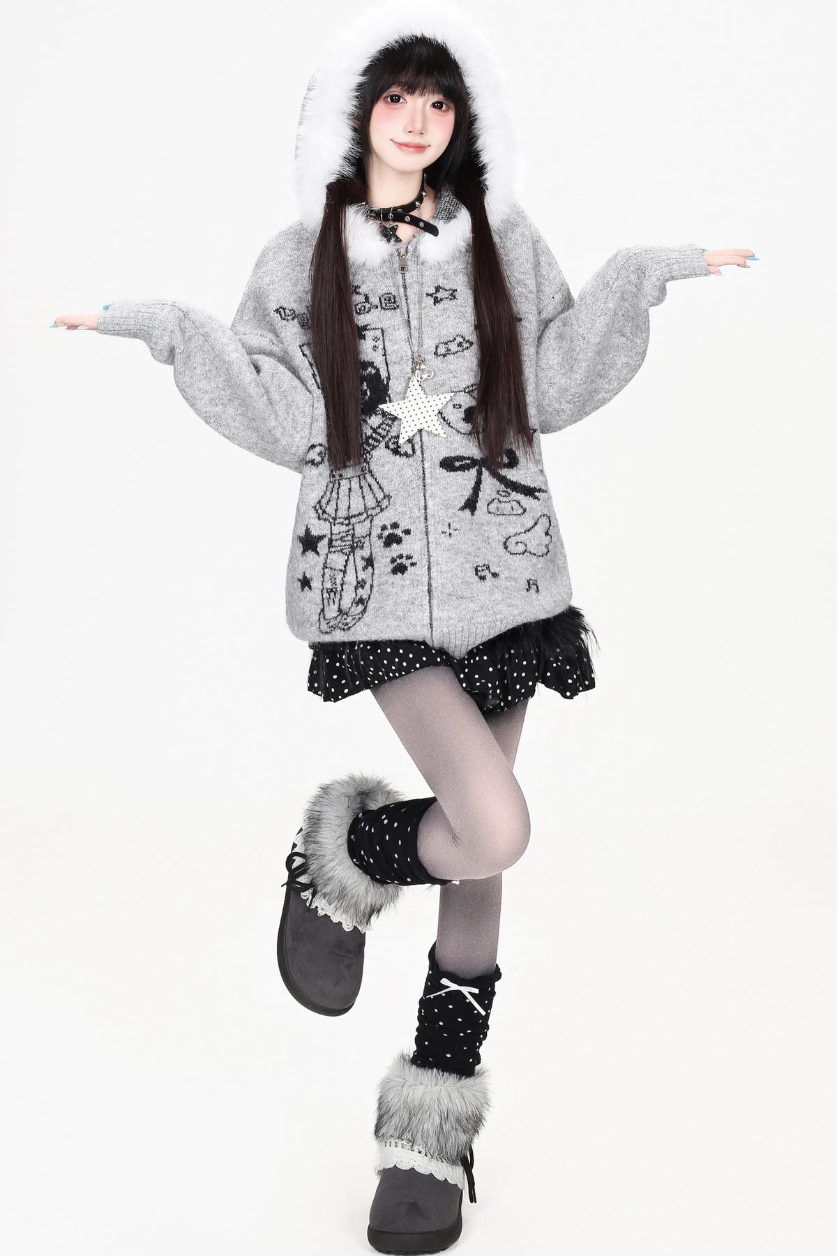 Veste en fourrure zippée à imprimé fille anime