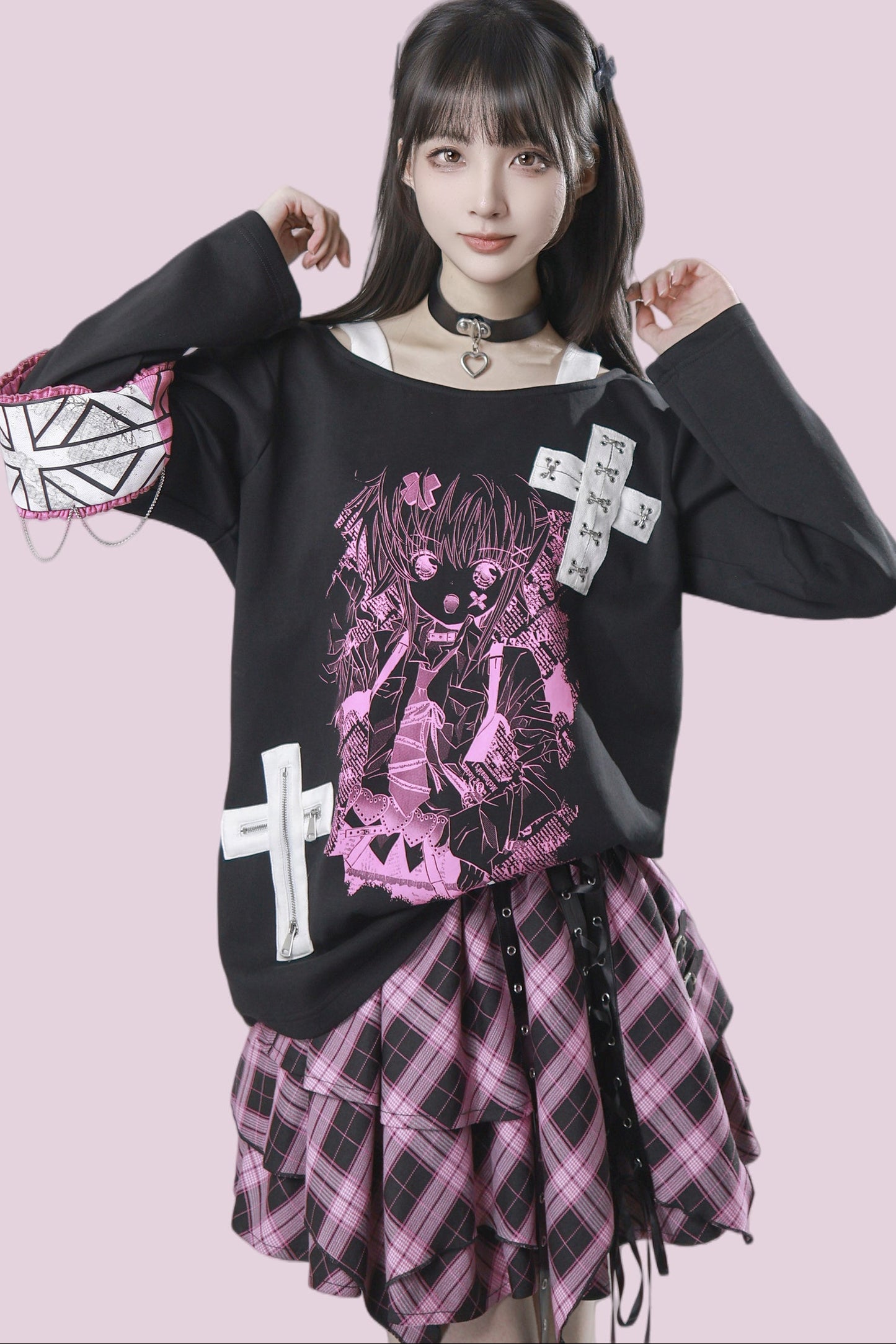 Cross-Decorated Armband Shoulder Strap T-Shirt