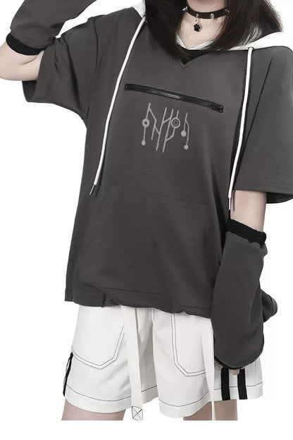 Gray Functional Stand Collar Zipper Short-Sleeve Set-Up