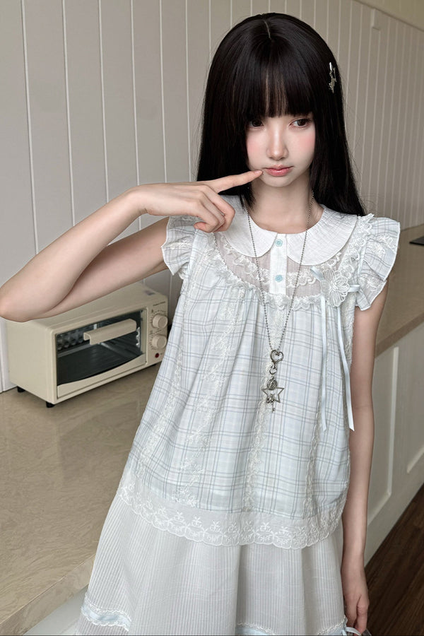 Light Blue Plaid Loose Doll Top and Skirt Set-Up