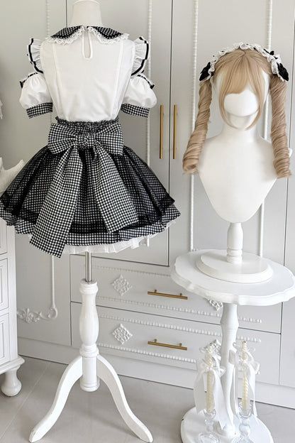 Ensemble haut à volants à carreaux style girly et minijupe à carreaux