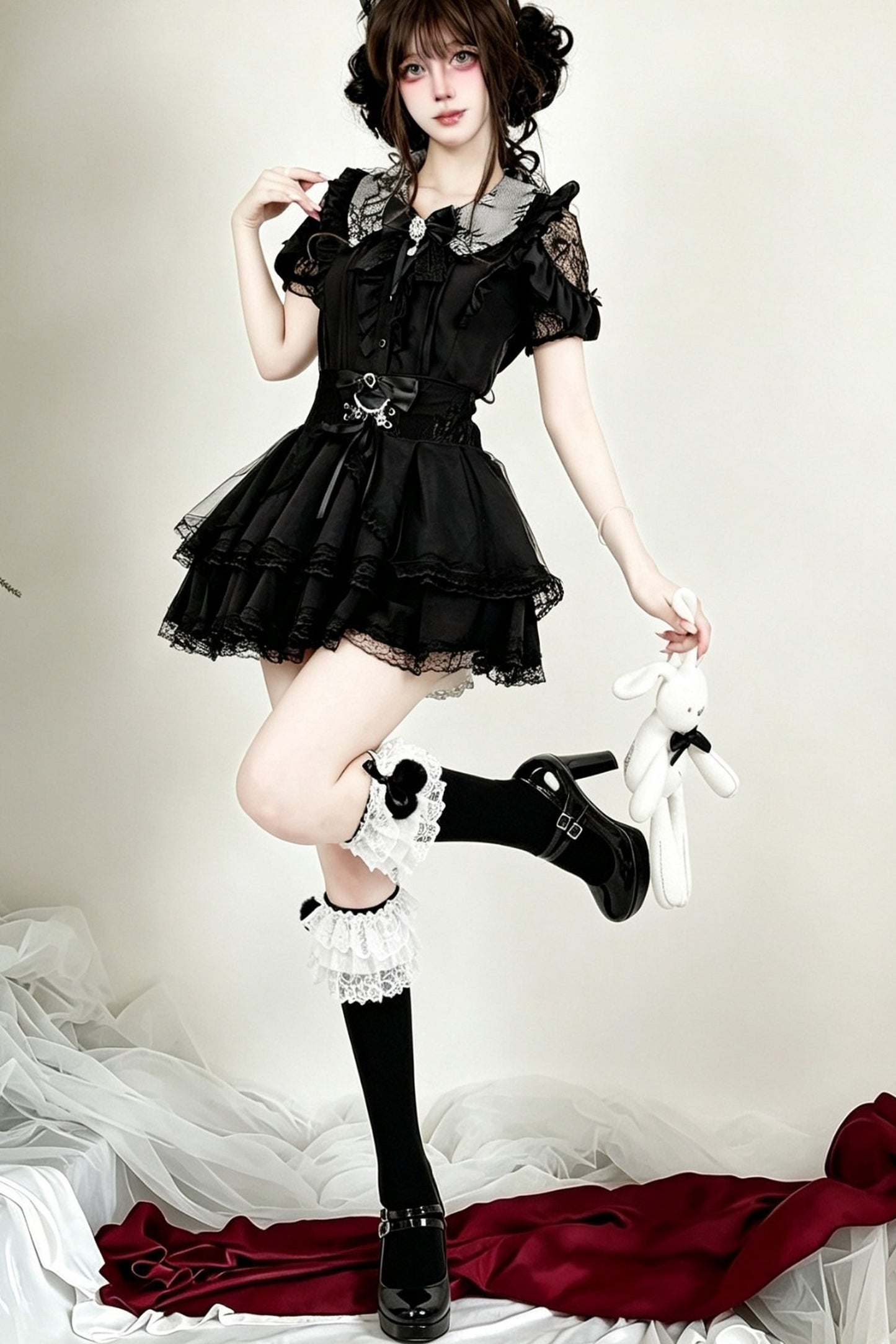 Dark  Lace Bow Skirt Set-Up