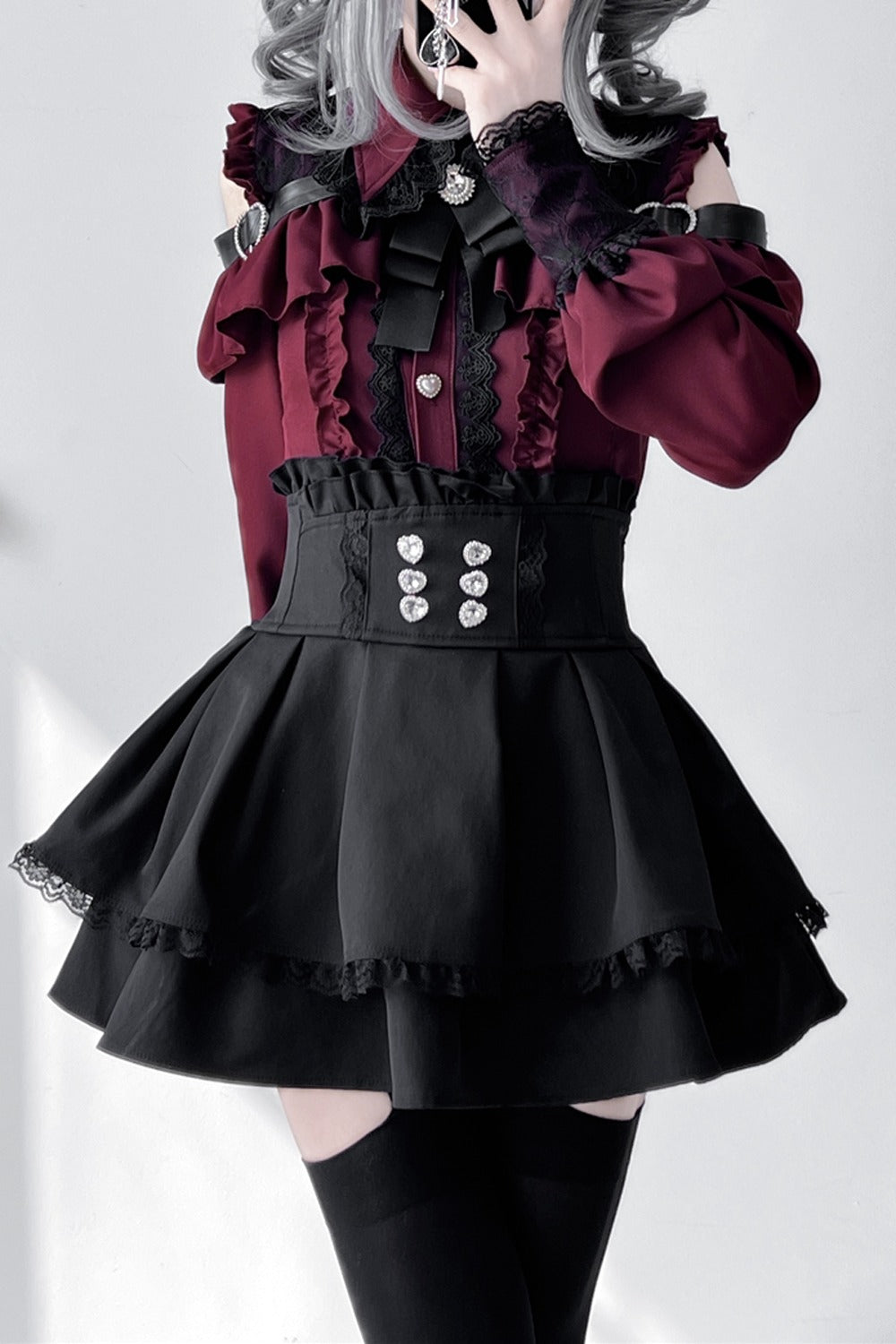 [Pre-order] Cold Shoulder Heart Buckle Long Sleeve Ruffle Lace Blouse with Bow Tie + Lace-Trim Pleated Mini Skirt Set