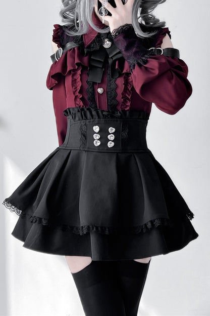 [Pre-order] Cold Shoulder Heart Buckle Long Sleeve Ruffle Lace Blouse with Bow Tie + Lace-Trim Pleated Mini Skirt Set