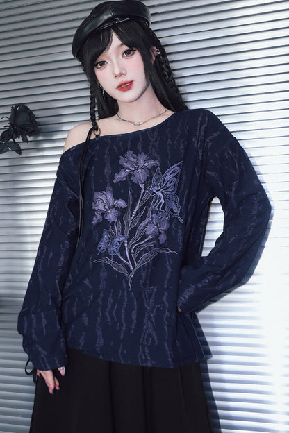 Tee-shirt épaules dénudées à manches longues et imprimé iris
