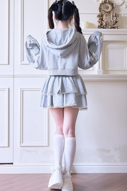Giacca con cappuccio in pizzo stile subculture jirai + gonna + pantaloni