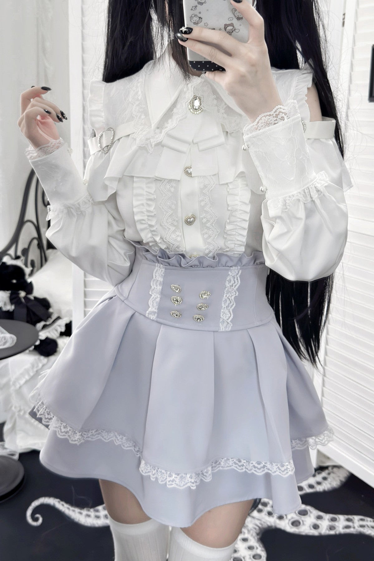 [Pre-order] Cold Shoulder Heart Buckle Long Sleeve Ruffle Lace Blouse with Bow Tie + Lace-Trim Pleated Mini Skirt Set