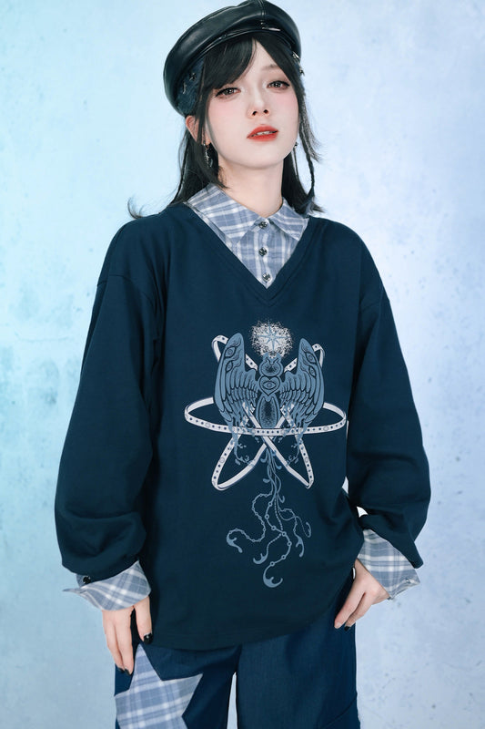 Sea Angel kariertes T-Shirt mit Hemdkragen