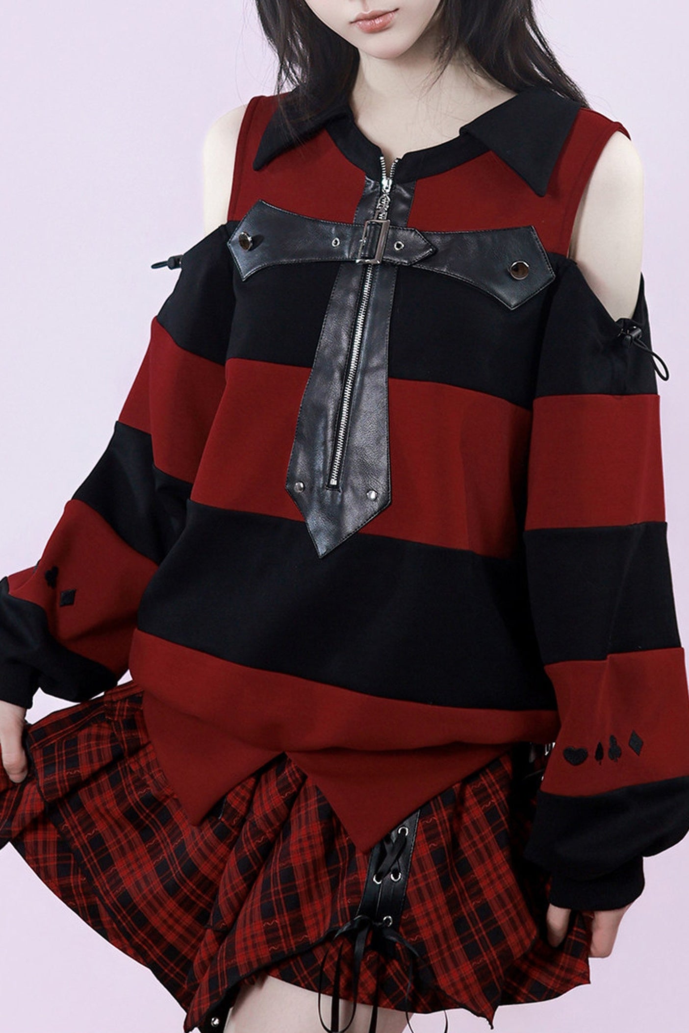Striped Leather Trim Off-Shoulder Sweatshirt