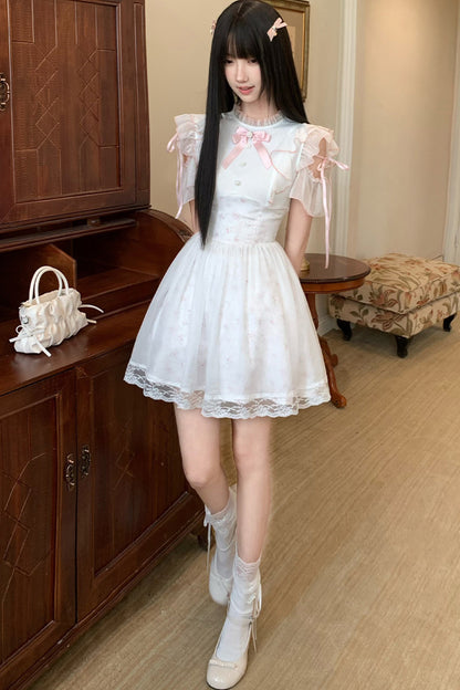 Three-Layer Waist Pearl Button Pink Bow Dress