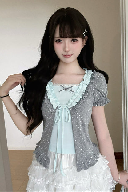 Polka Dot Layered-Look Top and Skirt Set-Up