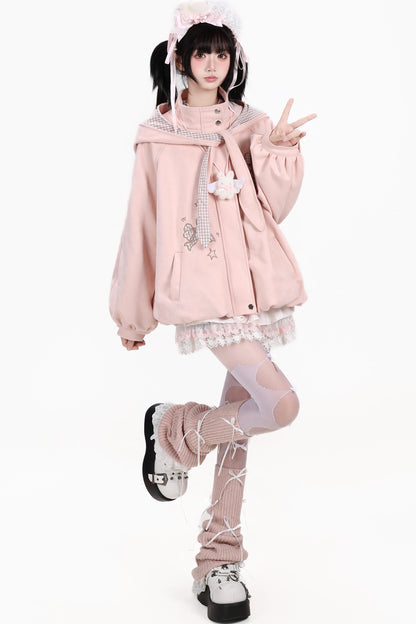 Plaid Bow Embroidered Hooded Suede Jacket