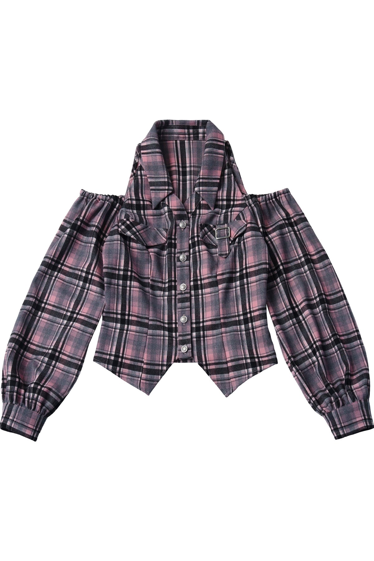 Retro Plaid Off-Shoulder Shirt and Suspender Skirt Set-Up