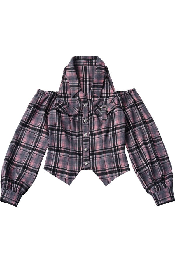 Retro Plaid Off-Shoulder Shirt and Suspender Skirt Set-Up