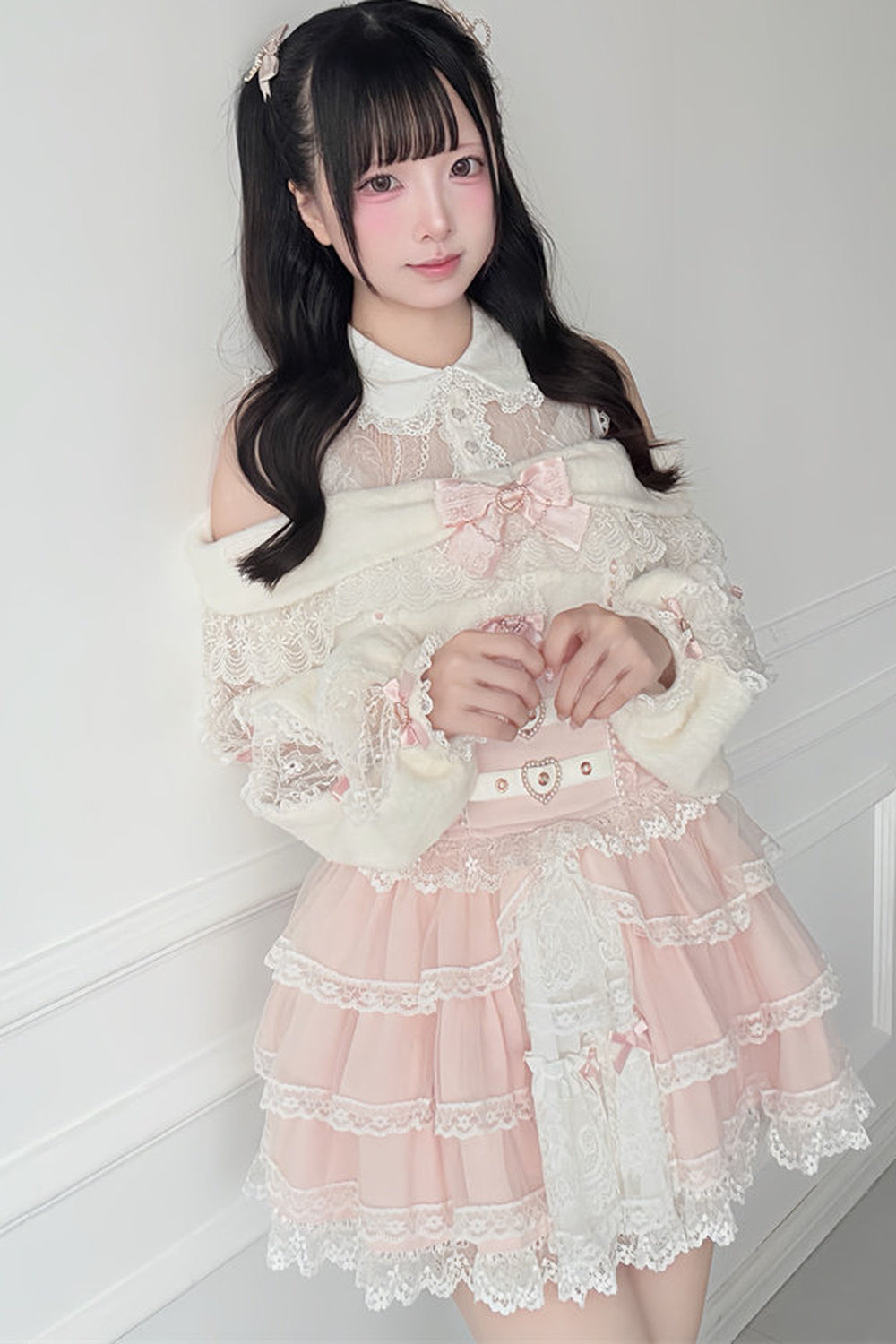 Style Lace Plush Off-Shoulder Sweater With Skirt and Top Set-Up