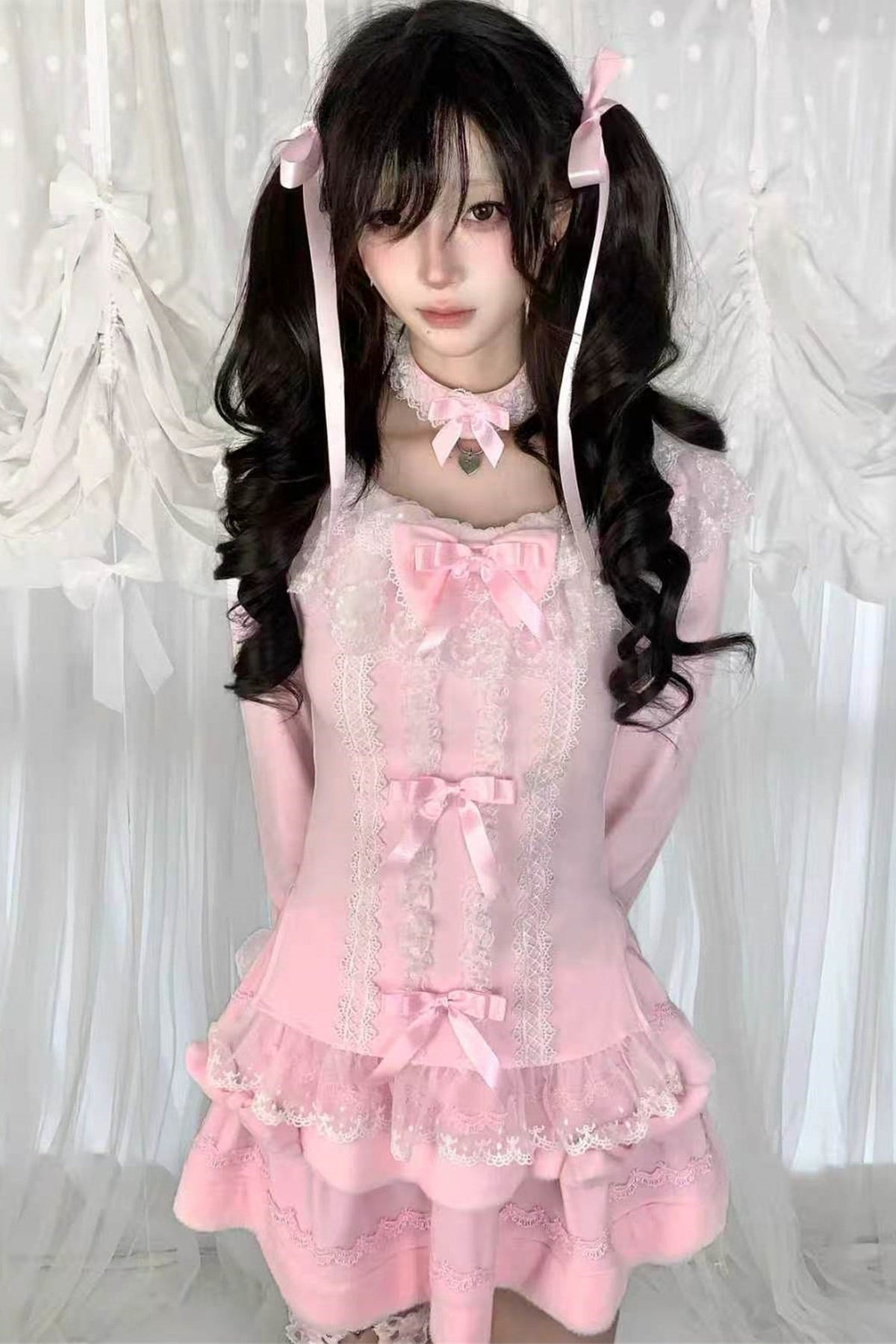 Multi-Layered Lace Bow Long Sleeve Top