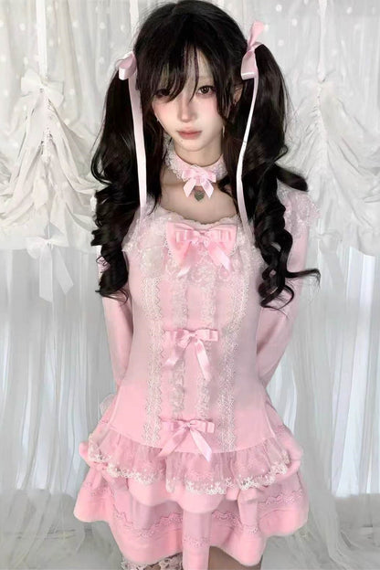 Multi-Layered Lace Bow Long Sleeve Top