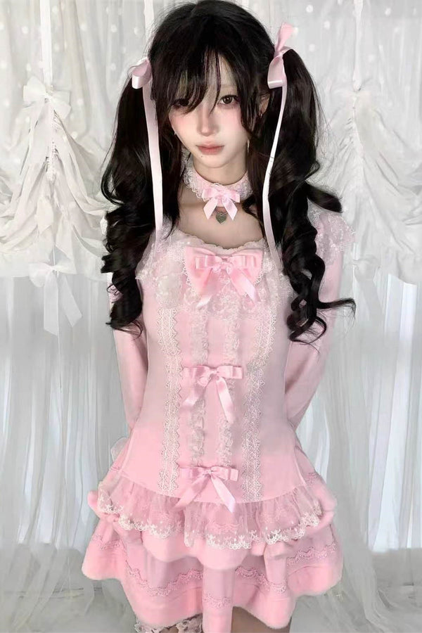 Multi-Layered Lace Bow Long Sleeve Top