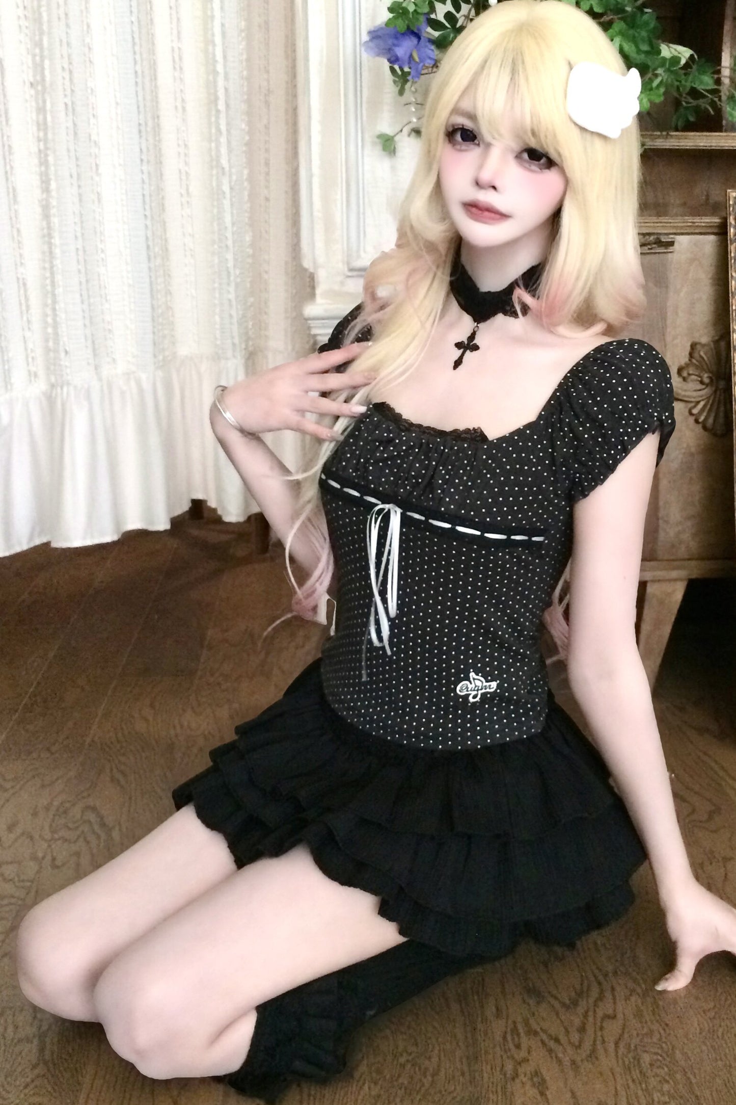 Polka Dot Lace Trim Tie-Up T-Shirt and Ruffle Skirt Set