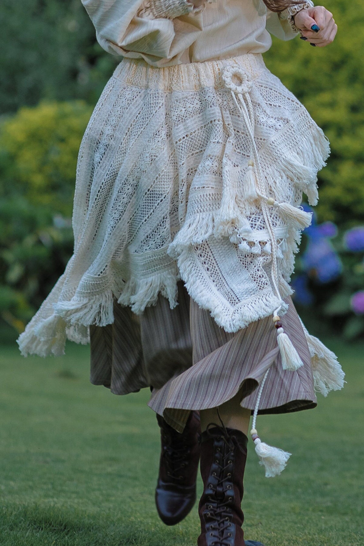 Irregular Hollow Lace Tassel Skirt