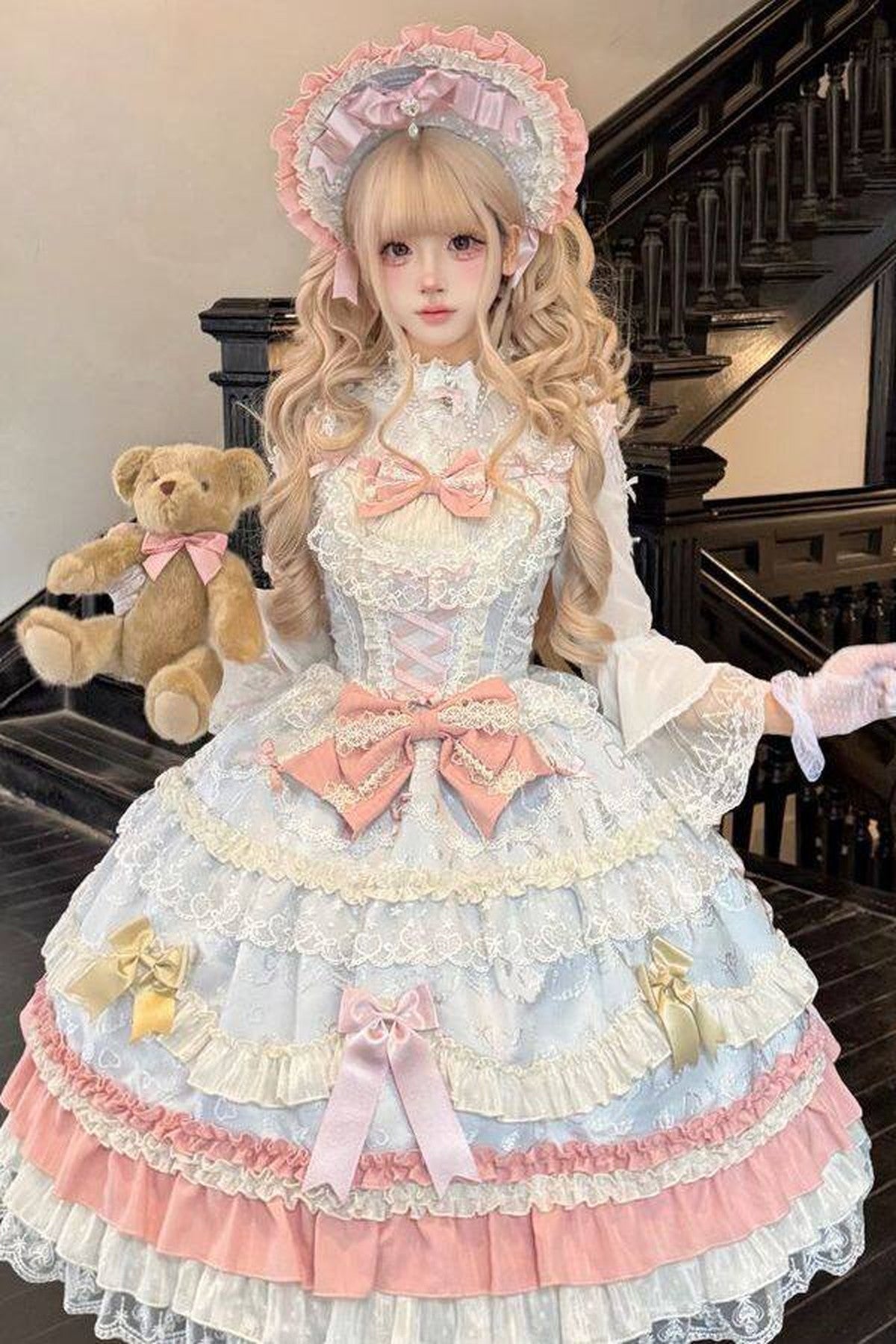 Weißes Tee-Schleifen-Lolita-JSK-Kleid