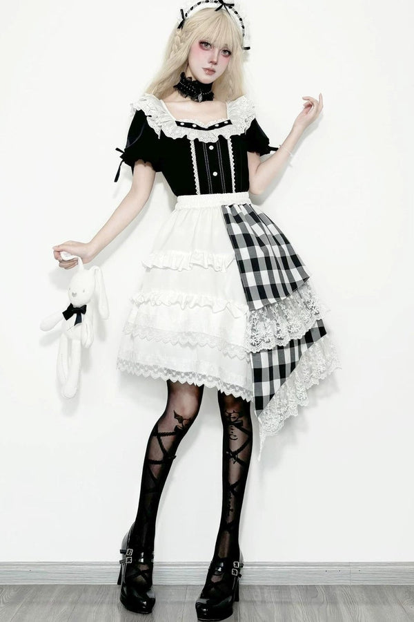 Lace Trim Plaid Skirt + Top + Hair Accessories