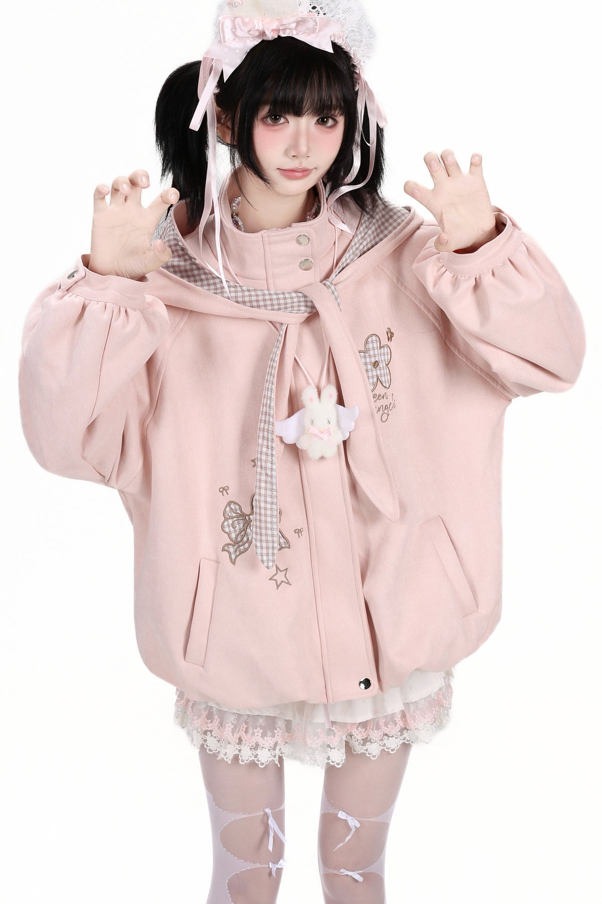 Plaid Bow Embroidered Hooded Suede Jacket