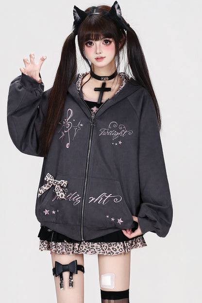 Leopard Musical Note Embroidery Hooded Jacket