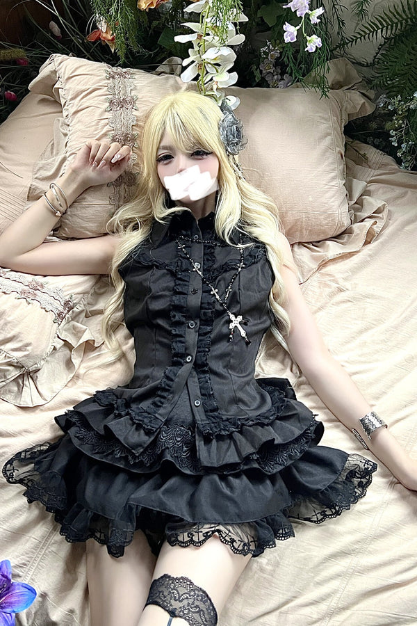 Black Ruffle Sleeveless Top and Skirt Set