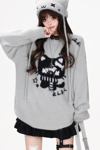 Cat Jacquard Loose Knit Pullover Sweater